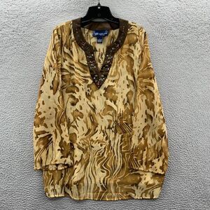 SUSAN GRAVER Blouse Womens Large Top Long Sleeve Sheer Brown